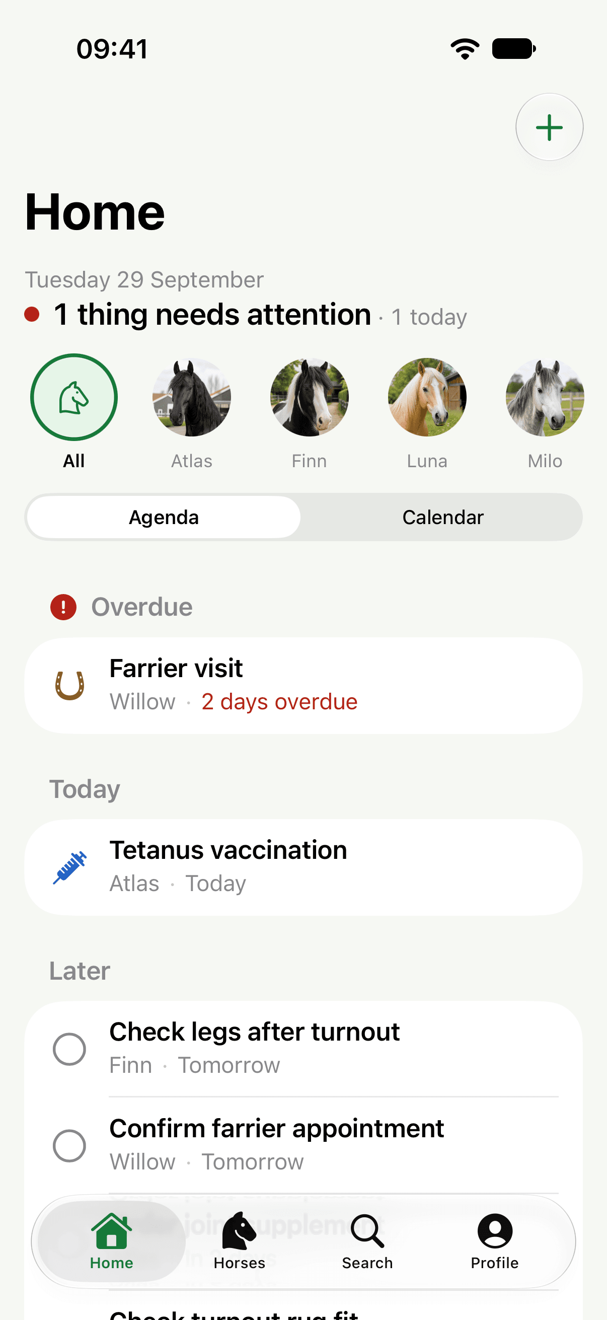 StableNote home dashboard with overdue and upcoming horse care